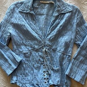 Andrew & Co Light Blue Lace-Up Textured V-Neck Blouse